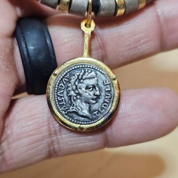 Roman Stye Coin In Bezel Pendant With Metal Beads Signed "RR" - Picture 3 of 6